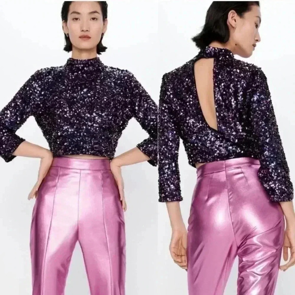 Zara Purple Sequin Crop Top Open back - Picture 3 of 7